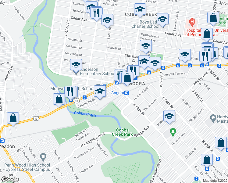 map of restaurants, bars, coffee shops, grocery stores, and more near 5822 Cedarhurst Street in Philadelphia