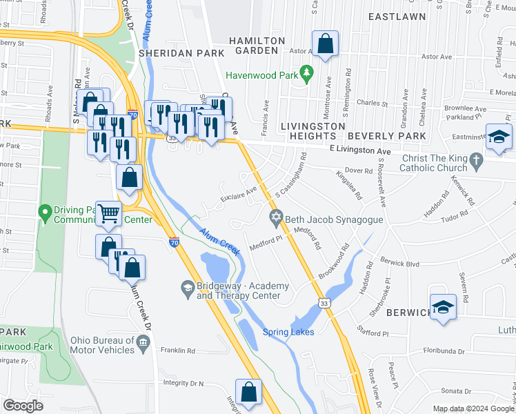 map of restaurants, bars, coffee shops, grocery stores, and more near 2222 Welcome Place in Columbus