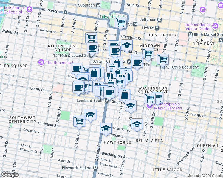 map of restaurants, bars, coffee shops, grocery stores, and more near in Philadelphia