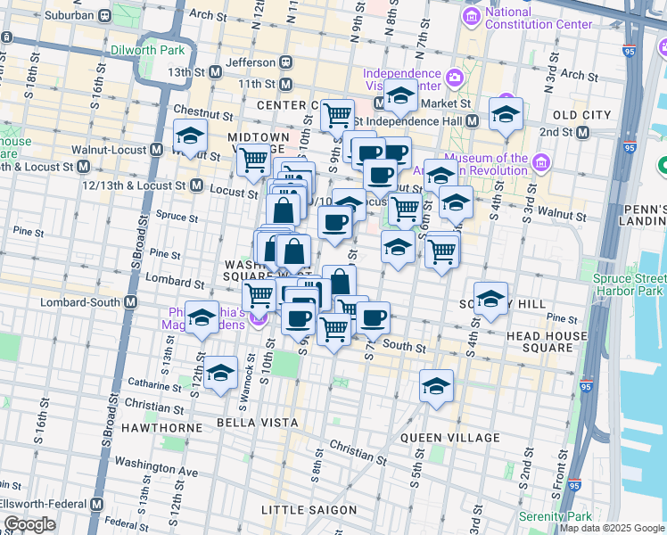 map of restaurants, bars, coffee shops, grocery stores, and more near 801 Pine Street in Philadelphia