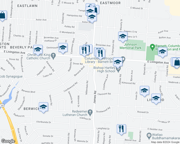 map of restaurants, bars, coffee shops, grocery stores, and more near 1266 Millerdale Road in Columbus