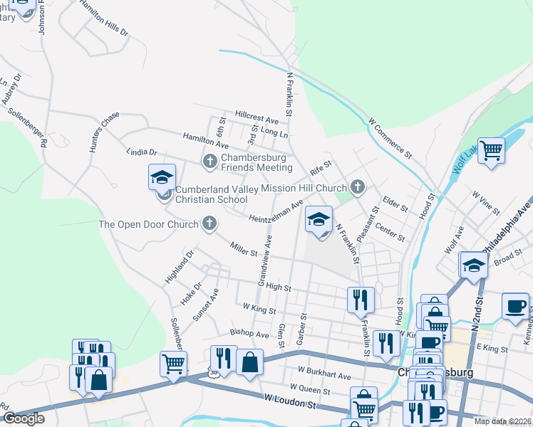 map of restaurants, bars, coffee shops, grocery stores, and more near 407 Grandview Avenue in Chambersburg