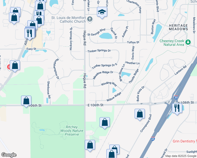 map of restaurants, bars, coffee shops, grocery stores, and more near 10722 Indigo Court in Fishers