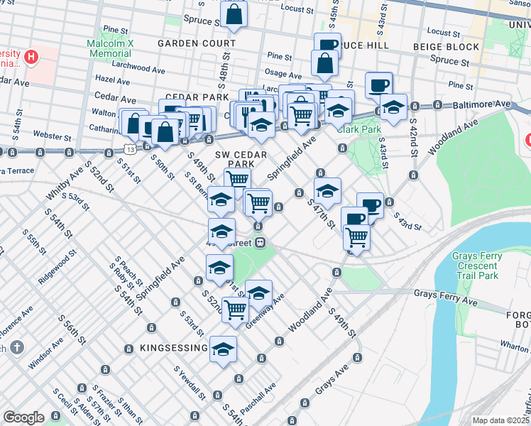 map of restaurants, bars, coffee shops, grocery stores, and more near 4807 Chester Avenue in Philadelphia