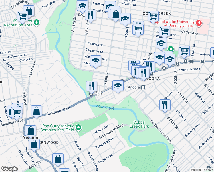 map of restaurants, bars, coffee shops, grocery stores, and more near 1151 South 60th Street in Philadelphia