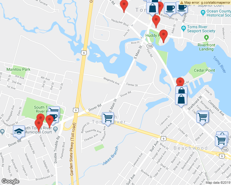 map of restaurants, bars, coffee shops, grocery stores, and more near 105 South Main Street in Toms River
