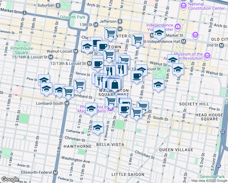 map of restaurants, bars, coffee shops, grocery stores, and more near 1017 Pine Street in Philadelphia