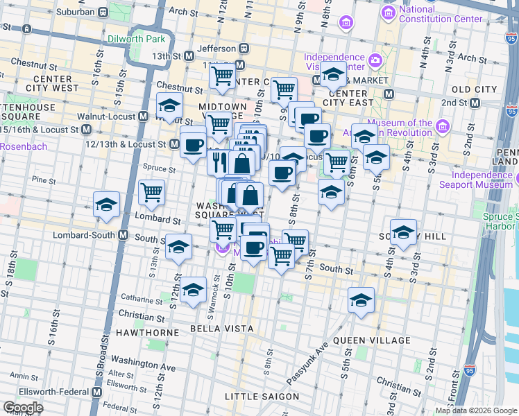 map of restaurants, bars, coffee shops, grocery stores, and more near 922 Clinton Street in Philadelphia