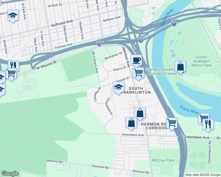 map of restaurants, bars, coffee shops, grocery stores, and more near 740 Canonby Place in Columbus