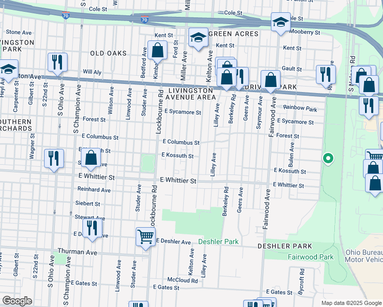 map of restaurants, bars, coffee shops, grocery stores, and more near 1350 East Kossuth Street in Columbus