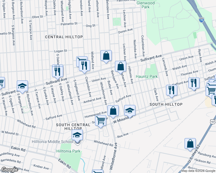 map of restaurants, bars, coffee shops, grocery stores, and more near 523 Butler Avenue in Columbus
