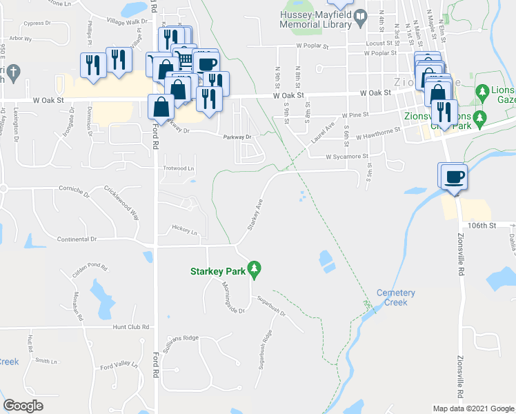 map of restaurants, bars, coffee shops, grocery stores, and more near 918 Starkey Avenue in Zionsville