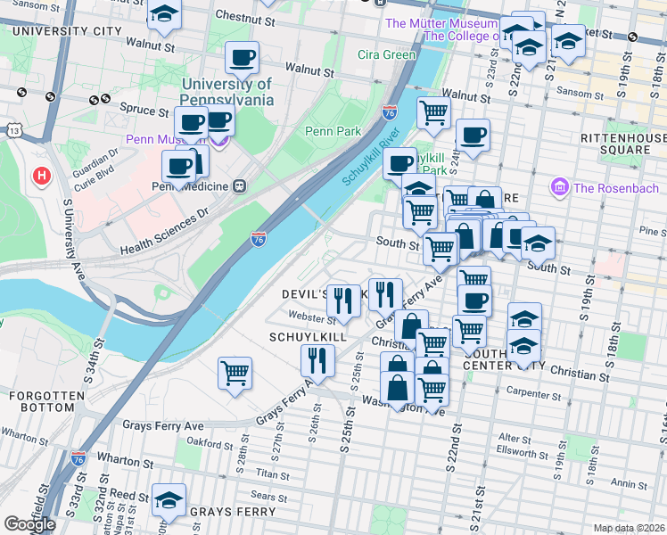 map of restaurants, bars, coffee shops, grocery stores, and more near 401 Schuylkill Avenue in Philadelphia