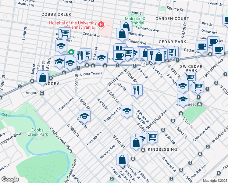 map of restaurants, bars, coffee shops, grocery stores, and more near 5341 Hadfield Street in Philadelphia