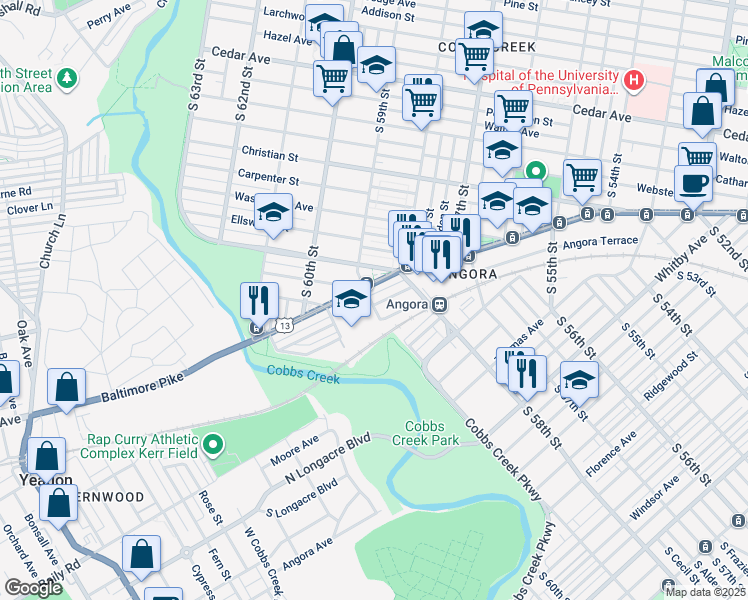 map of restaurants, bars, coffee shops, grocery stores, and more near 5851 Cedarhurst Street in Philadelphia