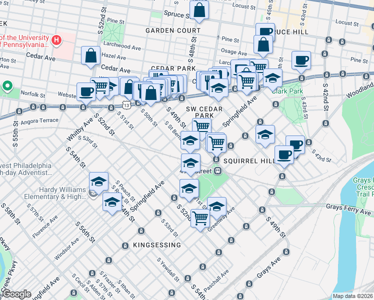 map of restaurants, bars, coffee shops, grocery stores, and more near 930 South Saint Bernard Street in Philadelphia
