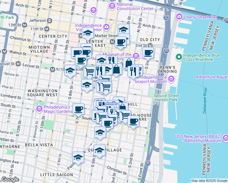 map of restaurants, bars, coffee shops, grocery stores, and more near in Philadelphia