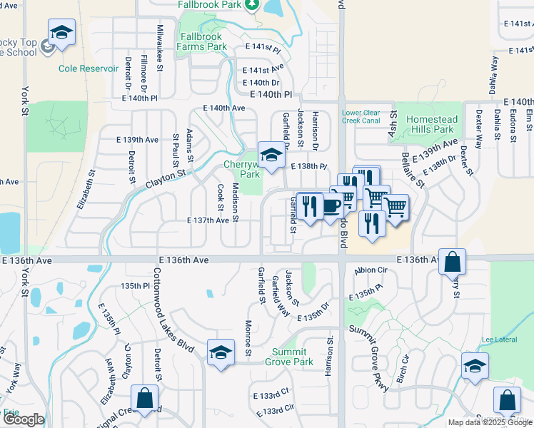 map of restaurants, bars, coffee shops, grocery stores, and more near 13640 Garfield Street in Thornton