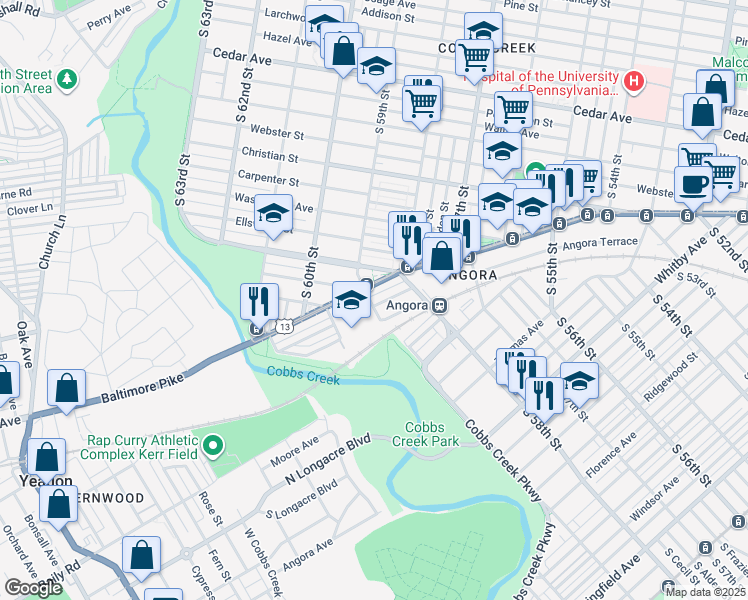 map of restaurants, bars, coffee shops, grocery stores, and more near 5853 Cedarhurst Street in Philadelphia