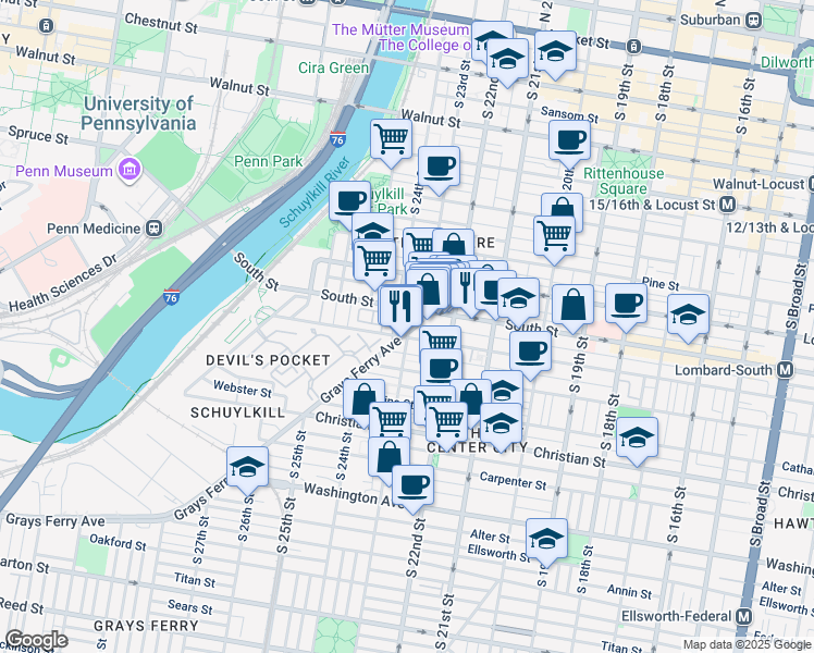 map of restaurants, bars, coffee shops, grocery stores, and more near 2318 Grays Ferry Avenue in Philadelphia