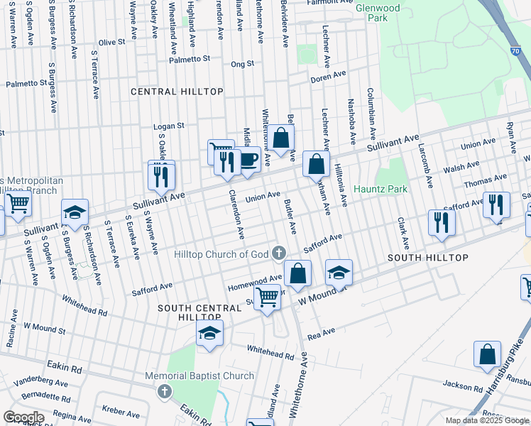 map of restaurants, bars, coffee shops, grocery stores, and more near 519 Whitethorne Avenue in Columbus