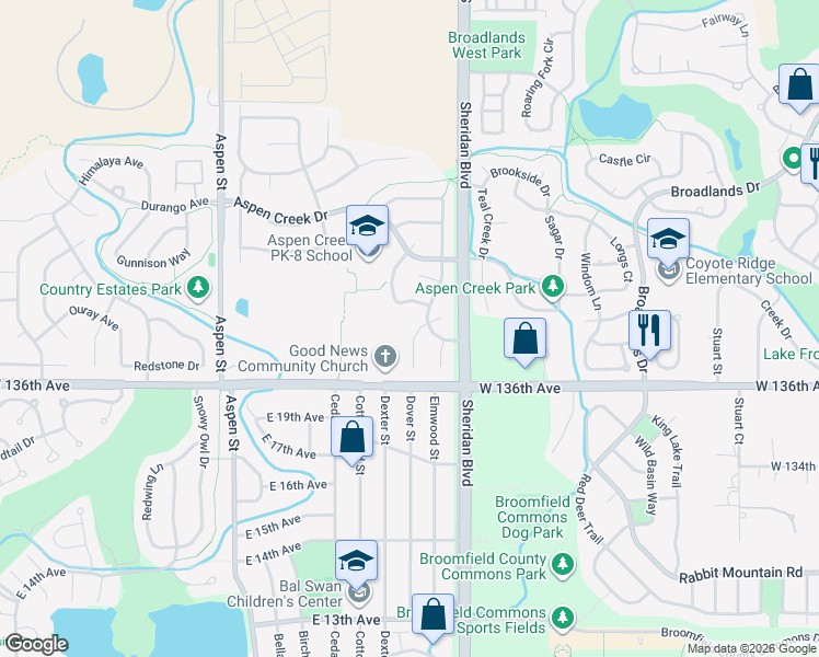 map of restaurants, bars, coffee shops, grocery stores, and more near 13765 Bayberry Drive in Broomfield