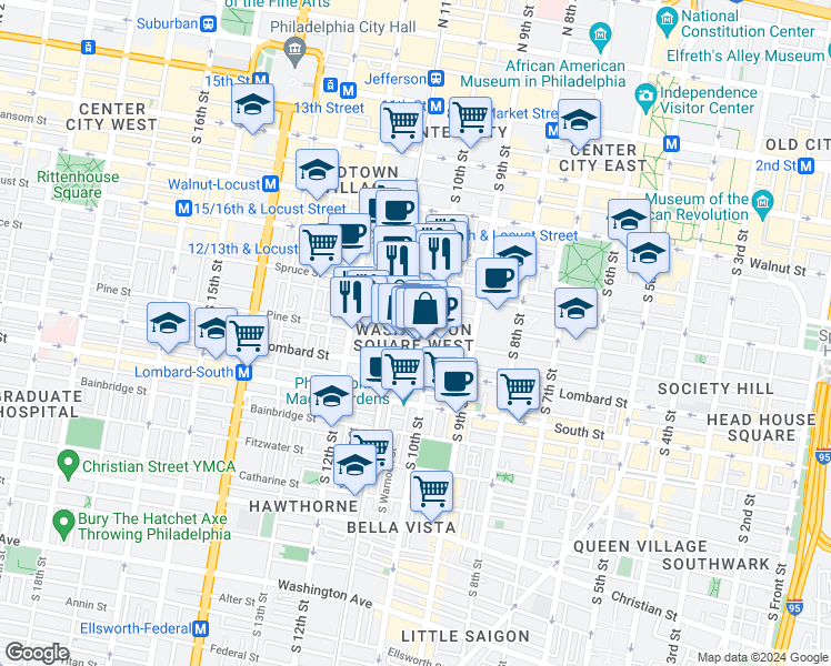 map of restaurants, bars, coffee shops, grocery stores, and more near 1017 Pine Street in Philadelphia