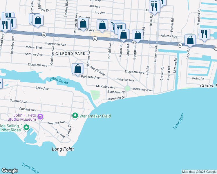 map of restaurants, bars, coffee shops, grocery stores, and more near 703 McKinley Avenue in Toms River