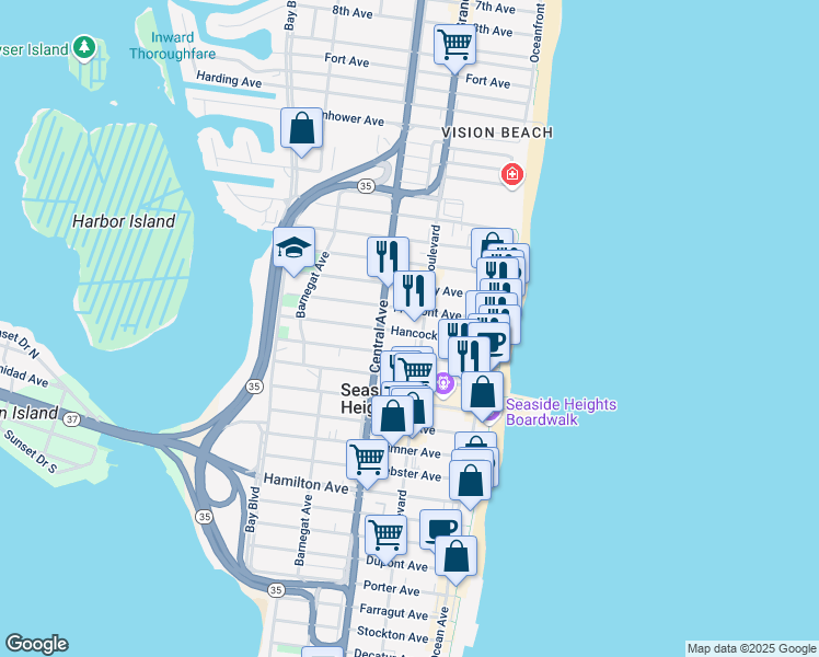 map of restaurants, bars, coffee shops, grocery stores, and more near 132 Hancock Avenue in Seaside Heights