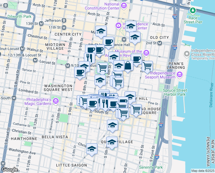 map of restaurants, bars, coffee shops, grocery stores, and more near 311-13 South 6th Street in Philadelphia
