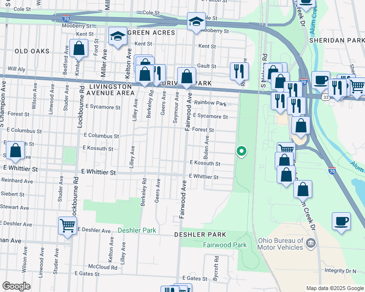 map of restaurants, bars, coffee shops, grocery stores, and more near 1073 Fairwood Avenue in Columbus
