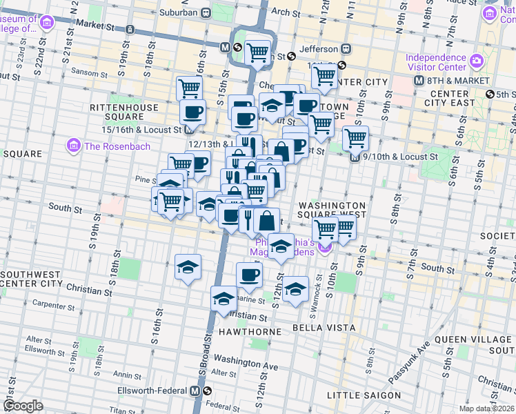map of restaurants, bars, coffee shops, grocery stores, and more near 1310 Waverly Street in Philadelphia
