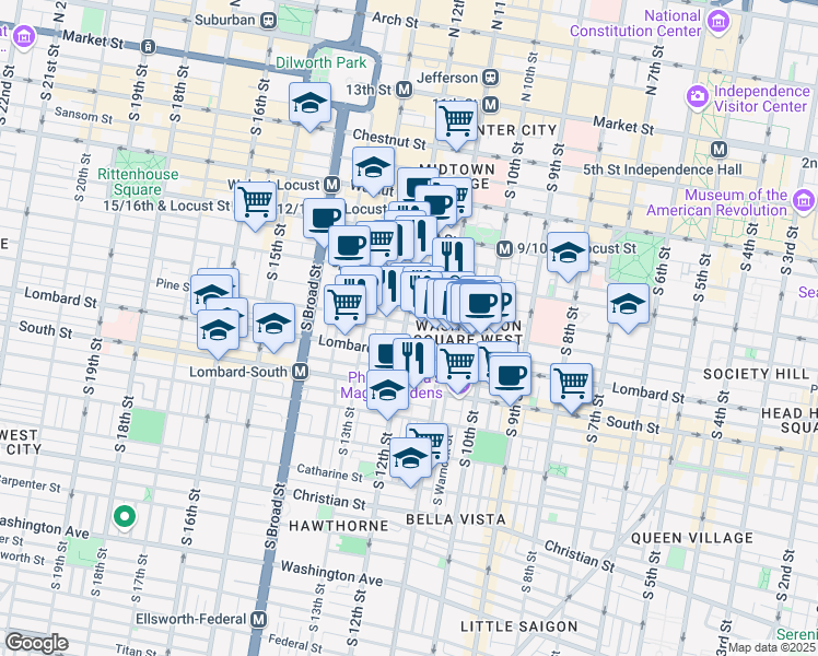 map of restaurants, bars, coffee shops, grocery stores, and more near 1136 Pine Street in Philadelphia