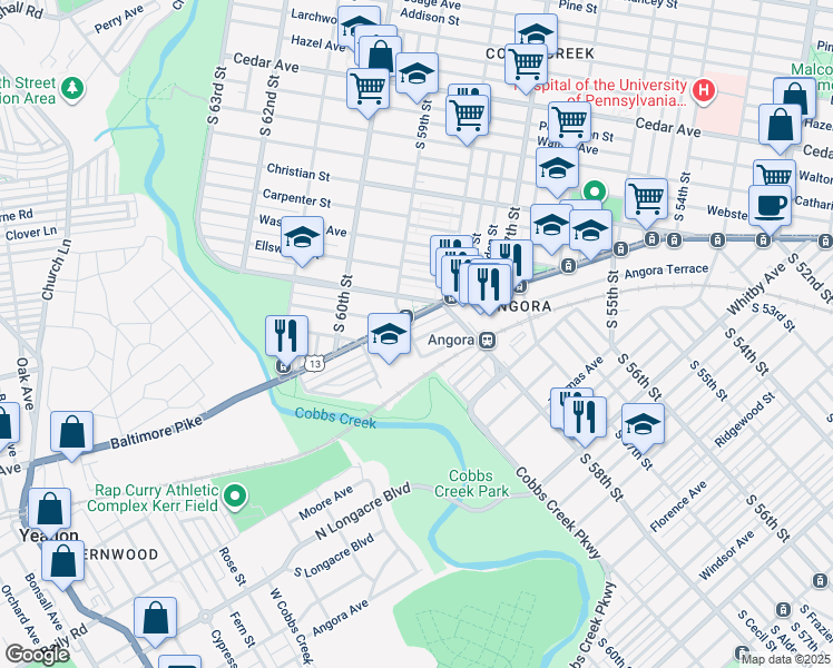 map of restaurants, bars, coffee shops, grocery stores, and more near 5847 Cedarhurst Street in Philadelphia
