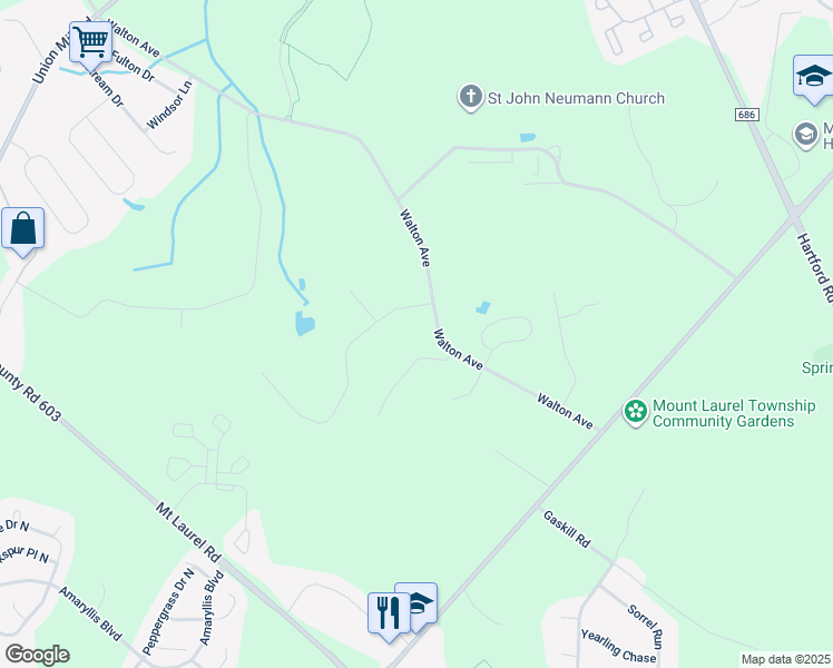 map of restaurants, bars, coffee shops, grocery stores, and more near 651 Walton Avenue in Mount Laurel