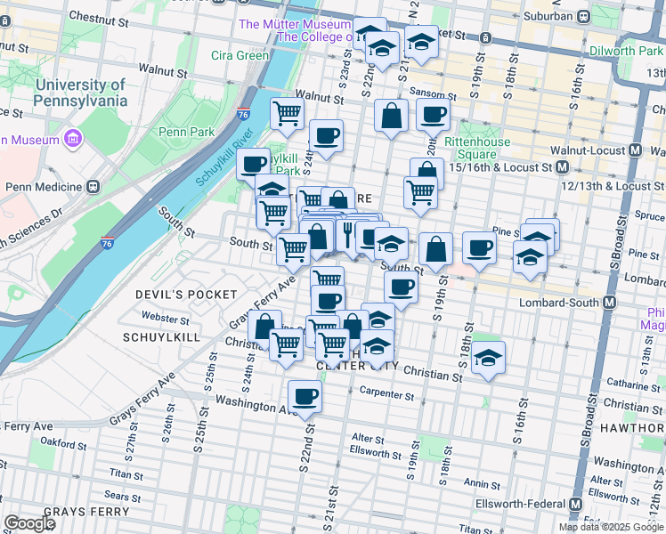 map of restaurants, bars, coffee shops, grocery stores, and more near 2203 Kater Street in Philadelphia
