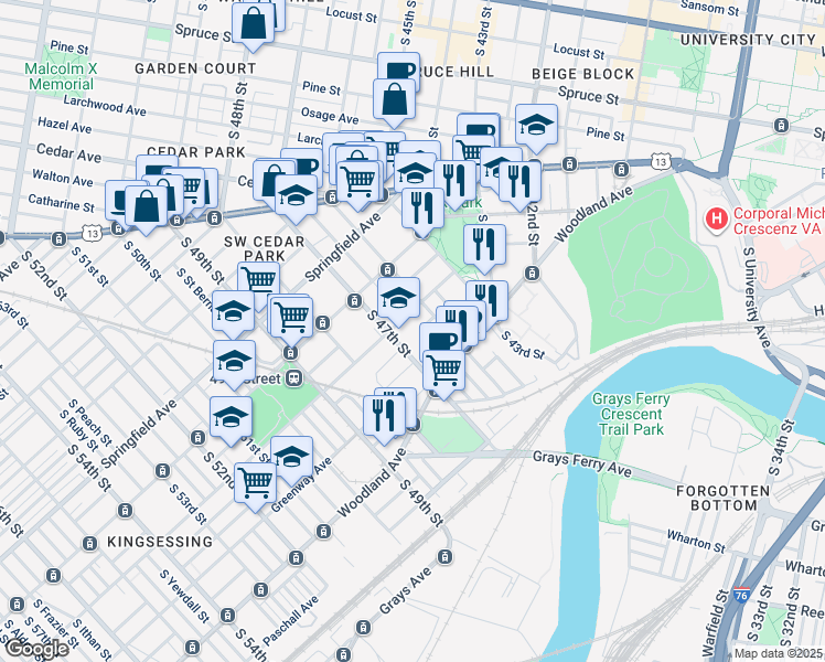 map of restaurants, bars, coffee shops, grocery stores, and more near 4618R Kingsessing Avenue in Philadelphia