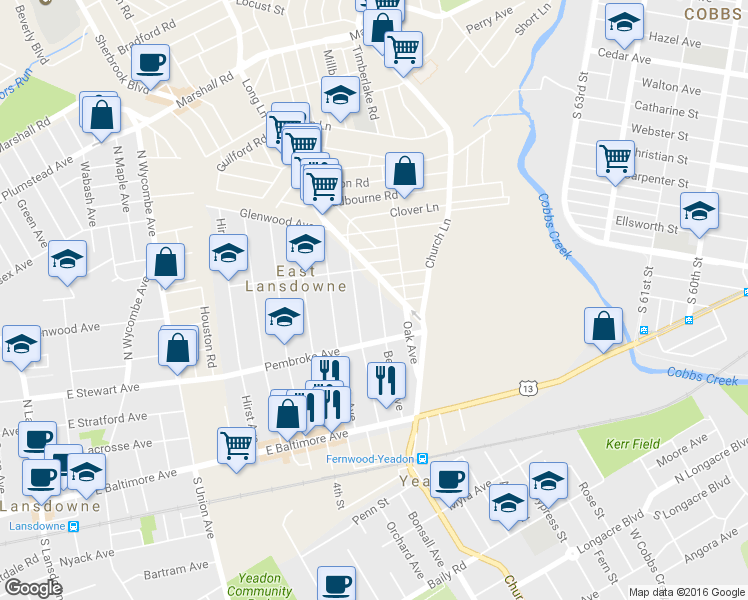 map of restaurants, bars, coffee shops, grocery stores, and more near 136 Beverly Avenue in East Lansdowne