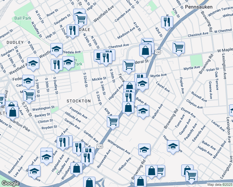 map of restaurants, bars, coffee shops, grocery stores, and more near 5716 Highland Avenue in Pennsauken Township