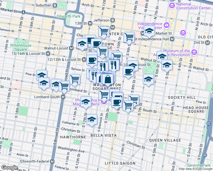 map of restaurants, bars, coffee shops, grocery stores, and more near 1021 Pine Street in Philadelphia