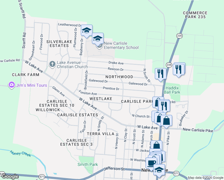 map of restaurants, bars, coffee shops, grocery stores, and more near 312 Prentice Drive in New Carlisle