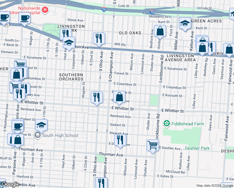 map of restaurants, bars, coffee shops, grocery stores, and more near 997 Oakwood Avenue in Columbus