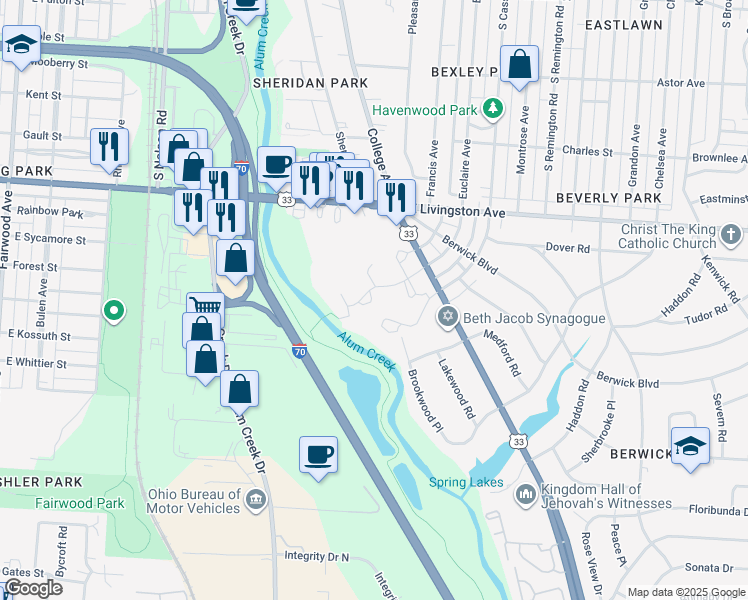 map of restaurants, bars, coffee shops, grocery stores, and more near 1151 College Avenue in Columbus