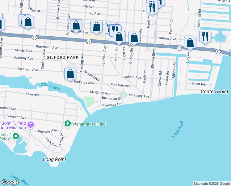 map of restaurants, bars, coffee shops, grocery stores, and more near 730 Morris Boulevard in Toms River