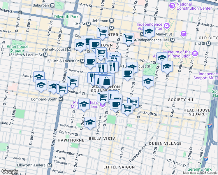 map of restaurants, bars, coffee shops, grocery stores, and more near 320 South 10th Street in Philadelphia