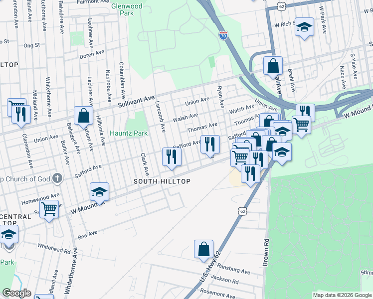 map of restaurants, bars, coffee shops, grocery stores, and more near 574 Townsend Avenue in Columbus