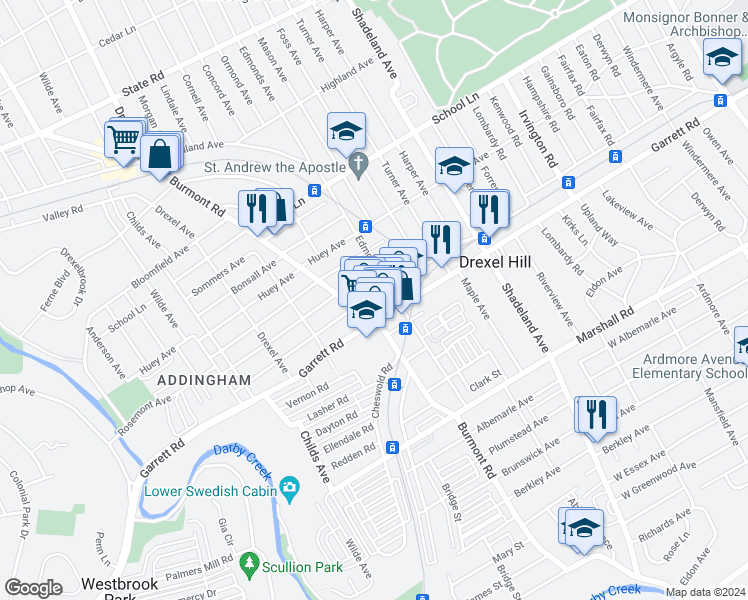 map of restaurants, bars, coffee shops, grocery stores, and more near 3712 Berry Avenue in Drexel Hill