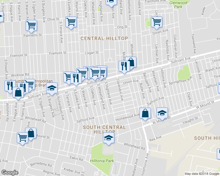 map of restaurants, bars, coffee shops, grocery stores, and more near 2275 Union Avenue in Columbus