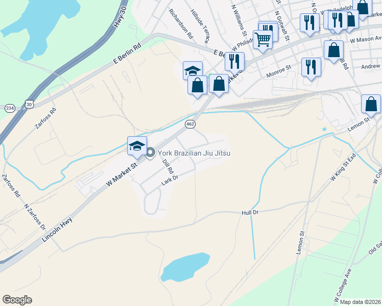 map of restaurants, bars, coffee shops, grocery stores, and more near 91 Hull Drive in York