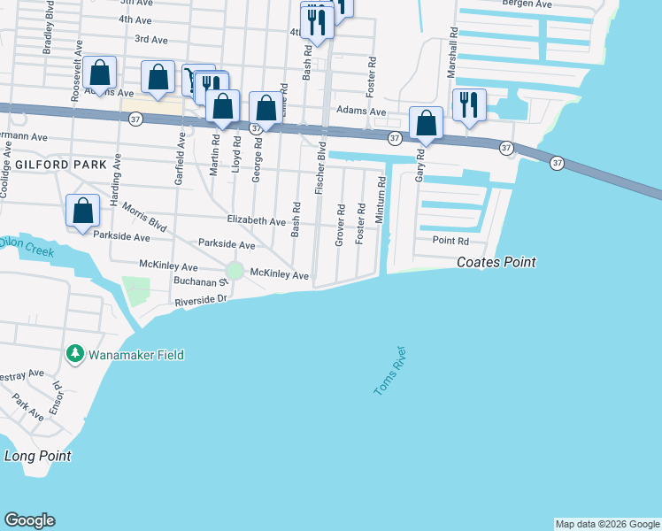 map of restaurants, bars, coffee shops, grocery stores, and more near 224 Grover Road in Toms River